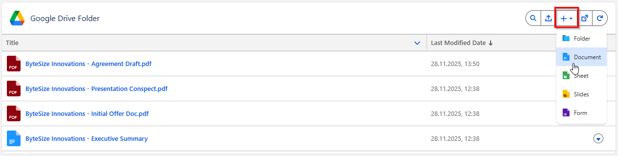 DriveMate Google Drive Folder component - creating a new Google Workspace file