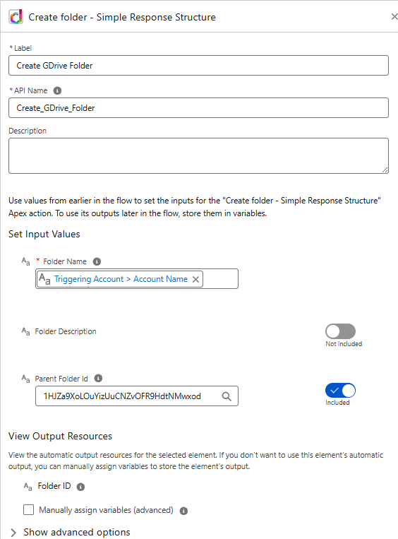 Sample Create folder - Simple Response Structure invocable action element